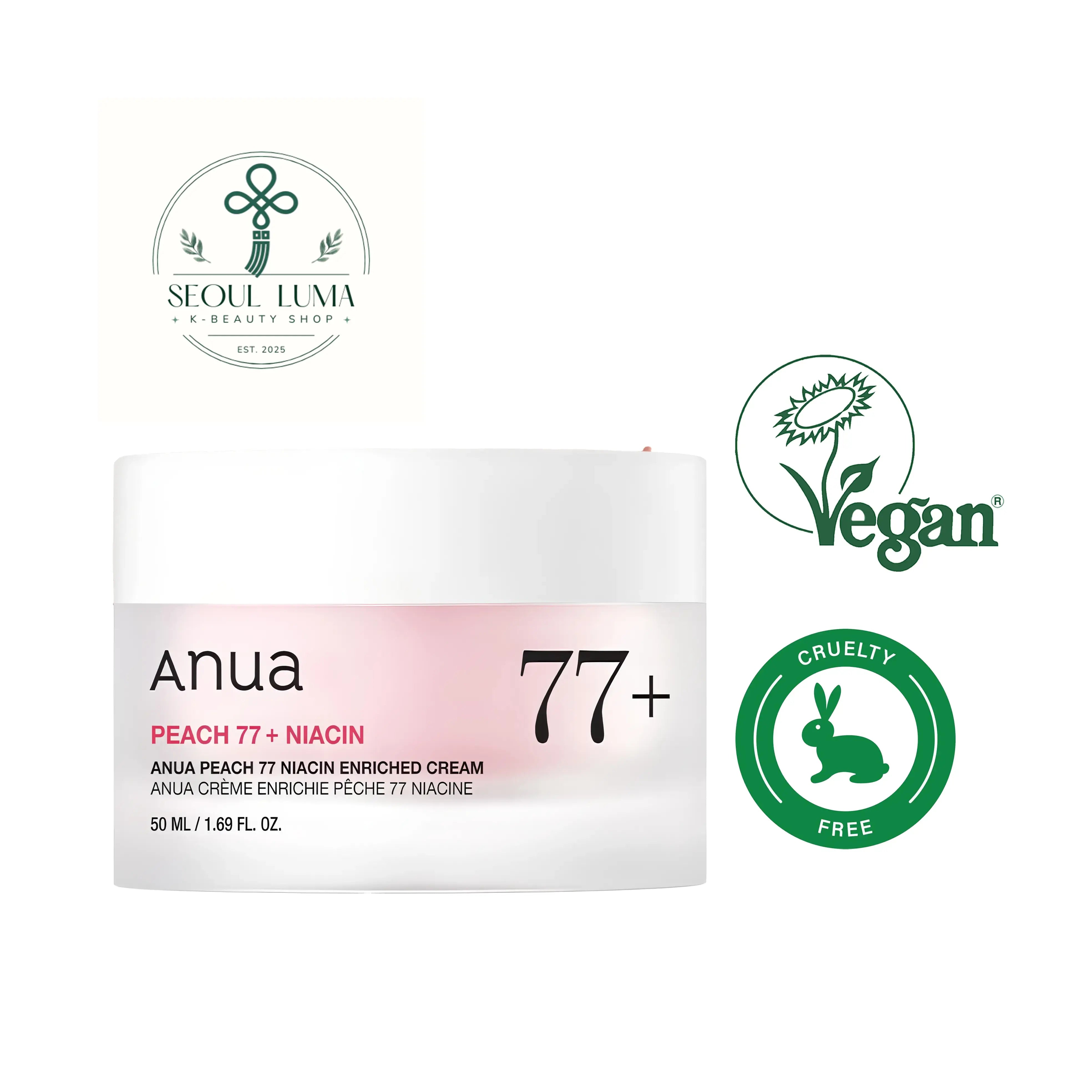 Anua Peach 77 Niacin Enriched Cream with 77% fermented peach extract, niacinamide, and ceramides for intensive hydration and brightening